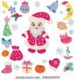 Collection of children's New Year's vector illustrations - Cartoon Santa Claus, bag, mittens, tangerines, Christmas tree, toys, gifts. New Year vector childrens illustrations.