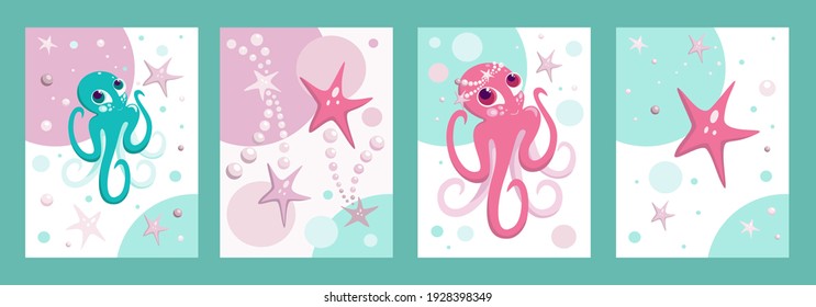 Collection of children's posters, postcards or covers for printed products underwater world of octopuses, starfish, bubbles , pearls. Vector illustration. 