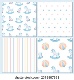 Collection of children's seamless patterns from rocking horse, toys, hearts, stripes and dots. Pastel background for children. Vector