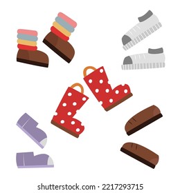 Collection of children's shoes. Simple cartoon flat illustration. Cute children's autumn boots, rubber boots, sneakers. A set of clipart for educational baby games and books.