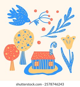 Collection of children's spring drawings. Vector drawings of birds, trees, cottage, decorative flowers. Hand-drawn illustrations for decorating children's books, postcards, stickers, prints.