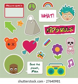 collection of children's stickers - faces, tags and objects