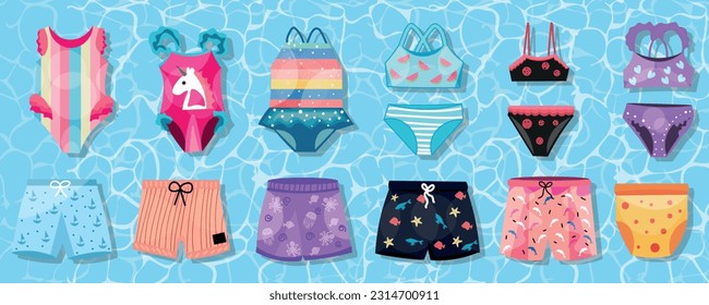 Collection of children's swimming suits on blue background