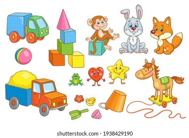 Collection of children's toys for boys and girls. In cartoon style. Isolated on white background. Vector illustration.