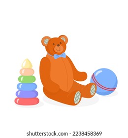 Colección de juguetes para niños. Oso de peluche marrón con corbata de arco, juguete apilador de madera de color, bola de goma. Vista lateral. Ilustración vectorial aislada en fondo blanco.