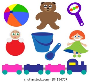 collection of children's toys on a white background