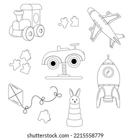 Collection of children's toys outline. Car, steam engine, rocket, aeroplane, hare, kite