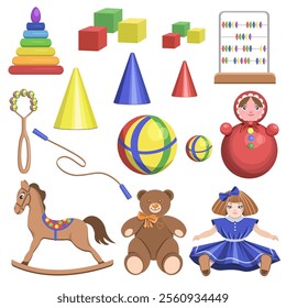 A collection of children's toys pyramid,cubes,abacus,skipping rope,bear,doll,rocking horse,balls isolated on a white background.Vector set for children's textiles,postcards.