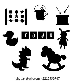 Collection of children's toys silhouette. Drum, doll, toys, dinosaur, pony, cubes