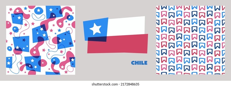 Collection of Chile design resources. Seamless pattern, country flag concept vector illustration. Country, mountains, party and soccer. White, blue and red. Background, texture backdrop repeat texture