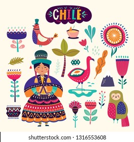 Collection of Chile's symbols.  National costumes of Chile, Peru and Bolivia