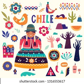 Collection of Chile's symbols.  National costumes of Chile, Peru and Bolivia