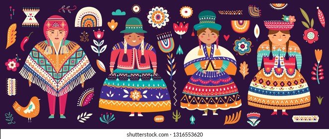 Collection of Chile's symbols. National costumes of Chile, Peru and Bolivia