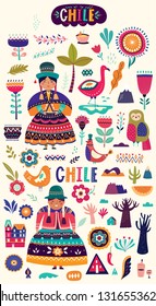 Collection of Chile's symbols.  National costumes of Chile, Peru and Bolivia