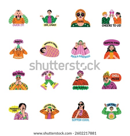 Collection of Chilling Characters Flat Style Stickers 

