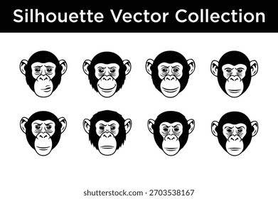 Coleção de silhuetas de cabeça de chimpanzé com várias expressões em formato vetorial preto e branco.