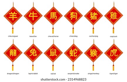 Collection of Chinese astrology ideograms golden in a red rhombus (cut out)