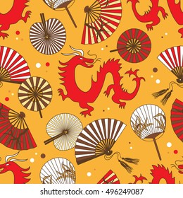 Collection of chinese fans seamless pattern vector. Colorful backdrop with icon set. Oriental illustration with traditional accessories, hand drawn background. Decorative wallpaper, good for printing