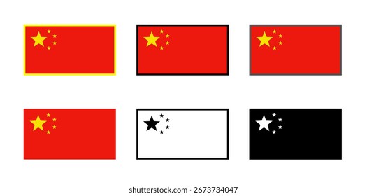 Colección de banderas chinas en varios estilos: versiones clásicas, monocromáticas en blanco y negro, además de opciones con bordes amarillos, negros y grises.