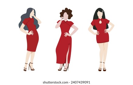 Colección de chicas chinas usando el vestido Cheongsam. Ilustración vectorial para la celebración del Año Nuevo chino