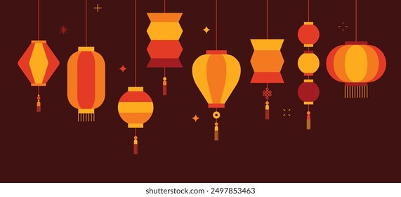 Collection of Chinese lanterns decorations. Chinese New Year, Mid Autumn Festival background, banner and greeting card. Flat minimalist geometric design. Vector illustration.