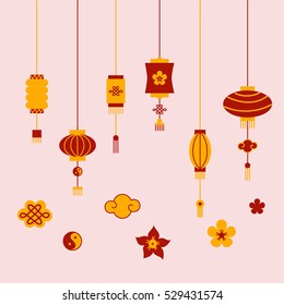 Collection of chinese lanterns and decorative elements