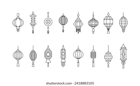 Collection of Chinese Lanterns icons. Chinese New Year, Mid Autumn Festival background, banner and greeting card. Flat minimalist.Vector illustration