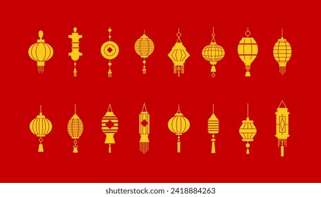 Collection of Chinese Lanterns icons. Chinese New Year, Mid Autumn Festival background, banner and greeting card. Flat minimalist.Vector illustration