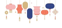 Collection Of Chinese Lanterns. Chinese New Year, Mid Autumn Festival Background, Banner And Greeting Card. Flat Minimalist Geometric Design. Vector Illustration