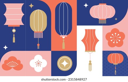 Collection of Chinese Lanterns. Chinese New Year, Mid Autumn and Lantern Festival background, banner and greeting card. Flat minimalist geometric design. Vector illustration