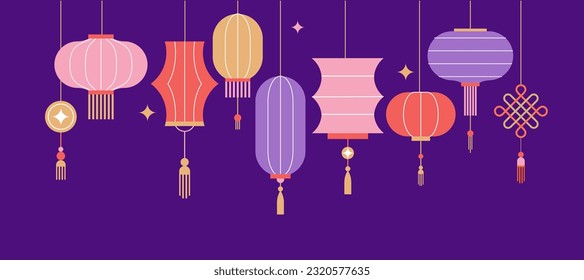 Collection of Chinese Lanterns. Chinese New Year, Mid Autumn Festival background, banner and greeting card. Flat minimalist geometric design. Vector illustration