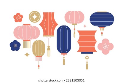 Collection of Chinese Lanterns. Chinese New Year, Mid Autumn Festival background, banner and greeting card. Flat minimalist geometric design. Vector illustration