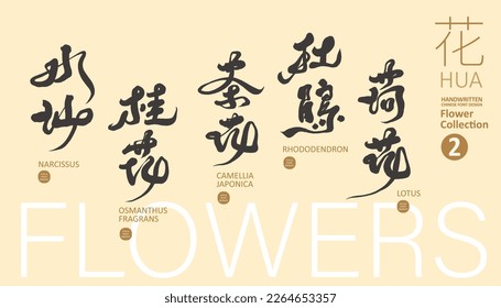 Collection of Chinese names of Asian characteristic flowers (2), gardening, romantic characteristics, handwritten Chinese calligraphy characters, vector title word design, layout design.