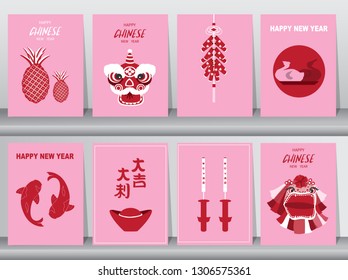 Collection of chinese new year 2019,cards,poster,template,greeting cards,animals,pink,Vector illustrations
