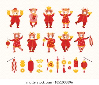 Collection Chinese new year 2021. Сartoon kids bulls in red traditional Chinese clothes and Asian good luck symbols. Symbol of the new year ox. Different holiday items. Hand drawn vector illustration