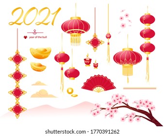 Collection of Chinese new year decor and celebration elements isolated on white background – gold ingot, coin, cloud, sakura flower, lantern, mountain, candle, fan, rope. Realistic vector illustration