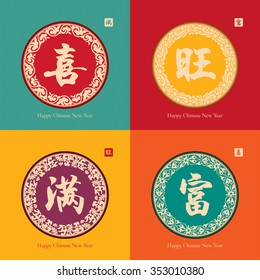 Collection of Chinese New Year design. Translation: Happiness, Prosperous, Fullness Wealth. 