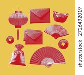 A collection of Chinese new year elements, vector illustration, line drawing halftone style.