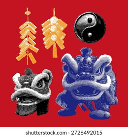 A collection of Chinese new year elements, vector illustration, line drawing halftone style.