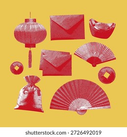 A collection of Chinese new year elements, vector illustration, line drawing halftone style.