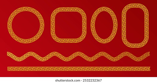 Collection of Chinese New Year frames. Set of gold borders in the shape of square, wave, circle and oval isolated on a red background. Vector design element of rope brush.