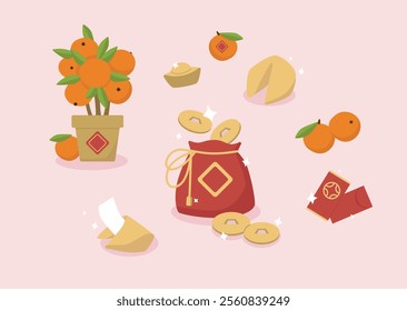  A collection of Chinese new year items. Tangerines, fortune cookie, money bag, coins, money pocket. Cartoon vector illustration.