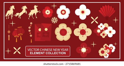 Colección de Elementos de Vector del Año Nuevo chino que incluyen caballos, linternas, sobres rojos, flores de ciruelo y abanicos en colores tradicionales rojo, blanco y dorado.