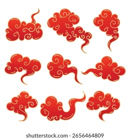 Sammlung chinesischer Orientalischer Wolken. Rote, elegante chinesische Wolken mit goldenem Rand. Asiatisch japanisch traditionelle Wolke Ornamente Set. Chinesische Silvester Wolken Symbole. 