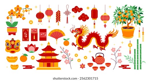 A collection of Chinese symbols and decorations including a dragon, a lotus flower, and a Chinese lantern