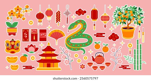 A collection of Chinese symbols and images including a dragon, a lotus flower, and a Chinese lantern
