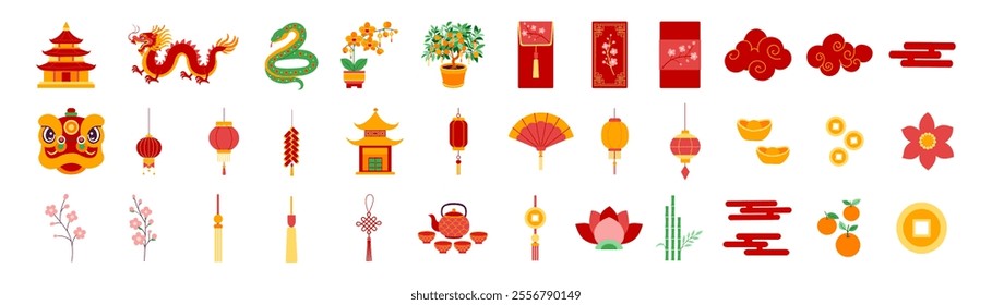 A collection of Chinese symbols and images. Some of the symbols include a dragon, a lotus flower, and a red lantern