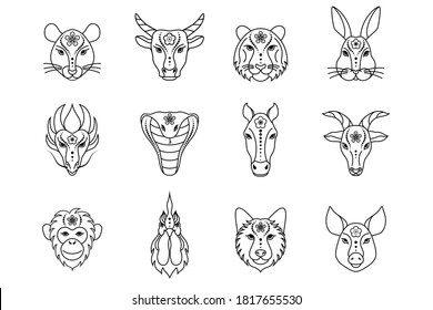 Collection of Chinese zodiac signs on white background. Line art icons.
