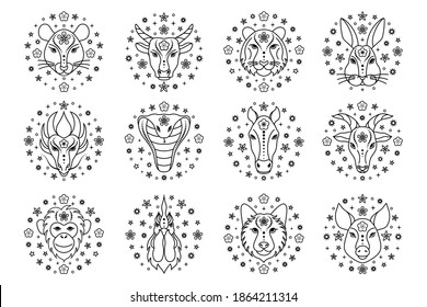 Collection of Chinese zodiac signs on white background. Line art icons.