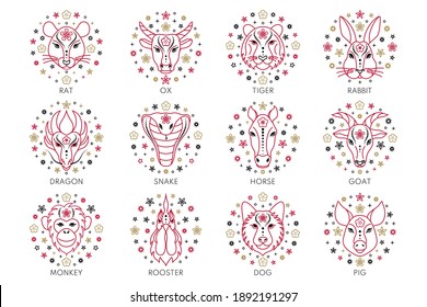 Collection of Chinese zodiac signs on white background. Line art icons.